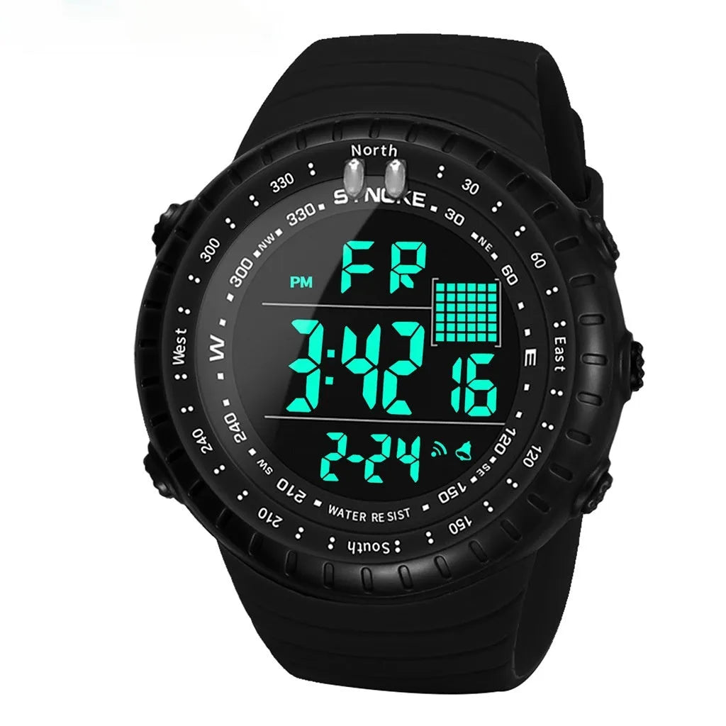 Men's black waterproof outdoor electronic watch with large 54.74mm dial and adjustable PU strap