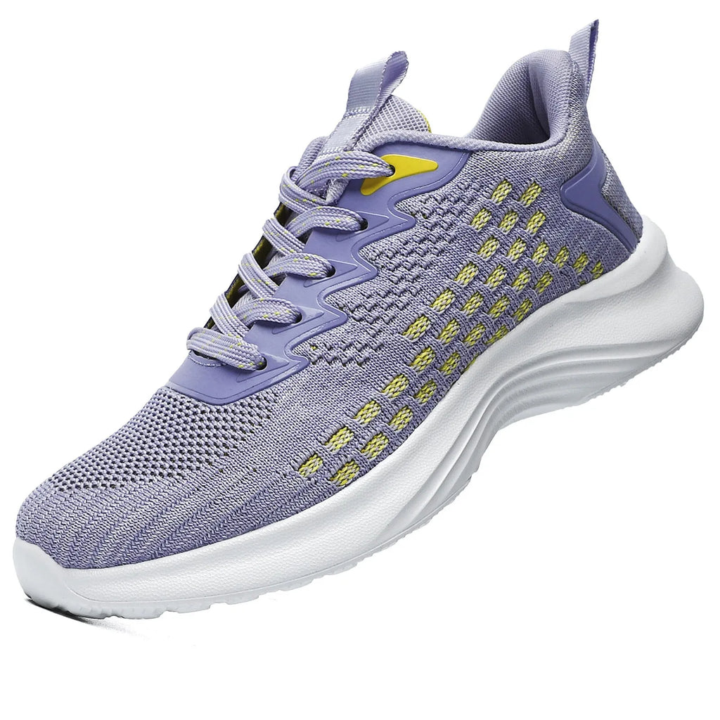 Women's lavender purple Flyknit running shoes with striped pattern and mesh design for sports