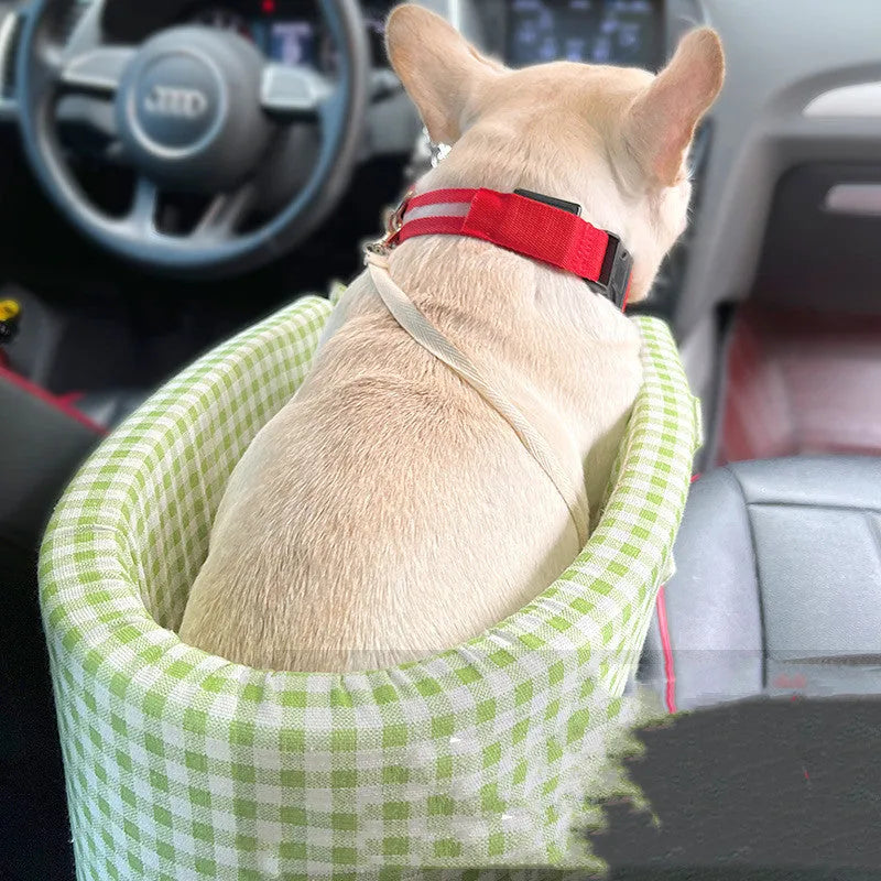 Plaid pet car going out dog kennel in pink and white cloth with PP cotton filling 42x22x20cm