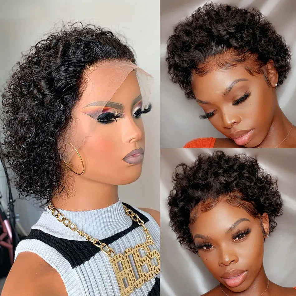 Black human hair pixie wig with lace cover in 13x1 colour
