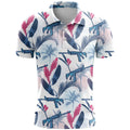 3D printed pattern sports short sleeve loose fit top in bird eye polyester fabric on a hanger.