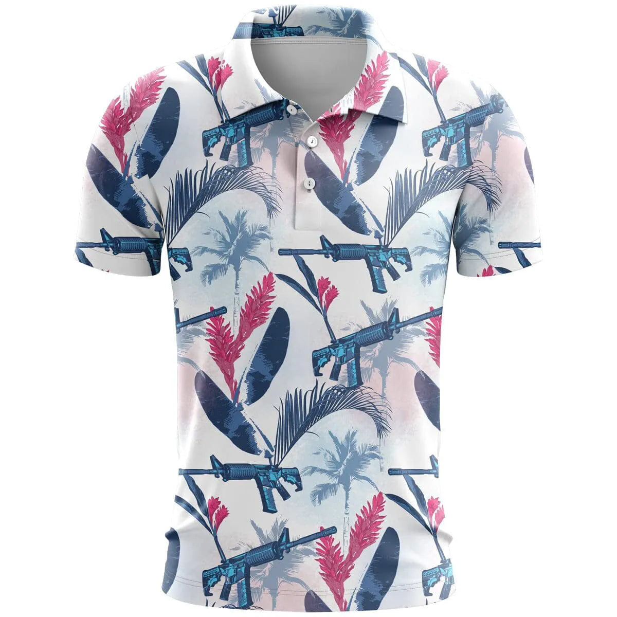 3D printed pattern sports short sleeve loose fit top in bird eye polyester fabric on a hanger.