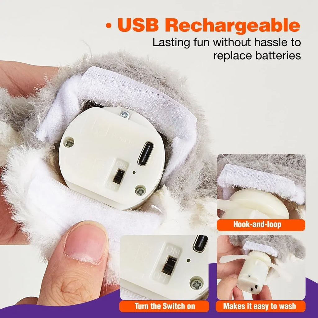 Grey owl-shaped automatic cat toy with flapping wings on charging cable
