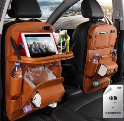 PU leather car seat back storage organiser bag with multiple pockets and built-in trash can function