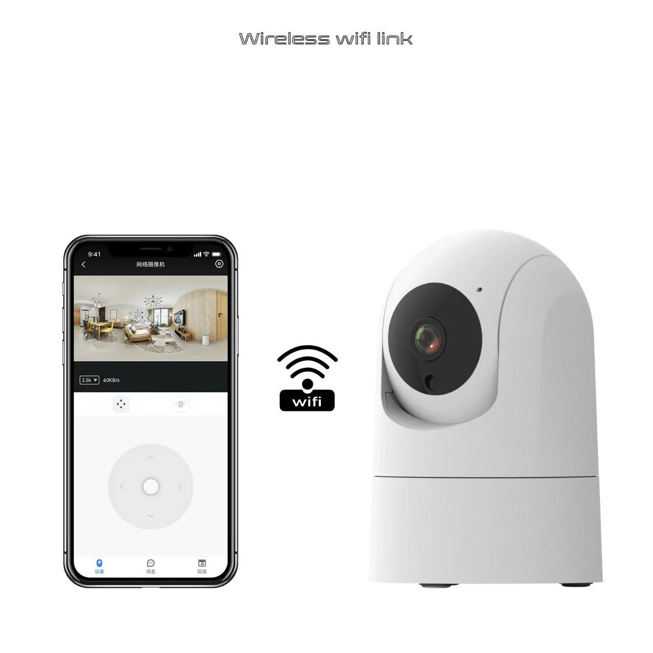 White indoor security camera with pan/tilt base on a shelf, showing wall mount screws.