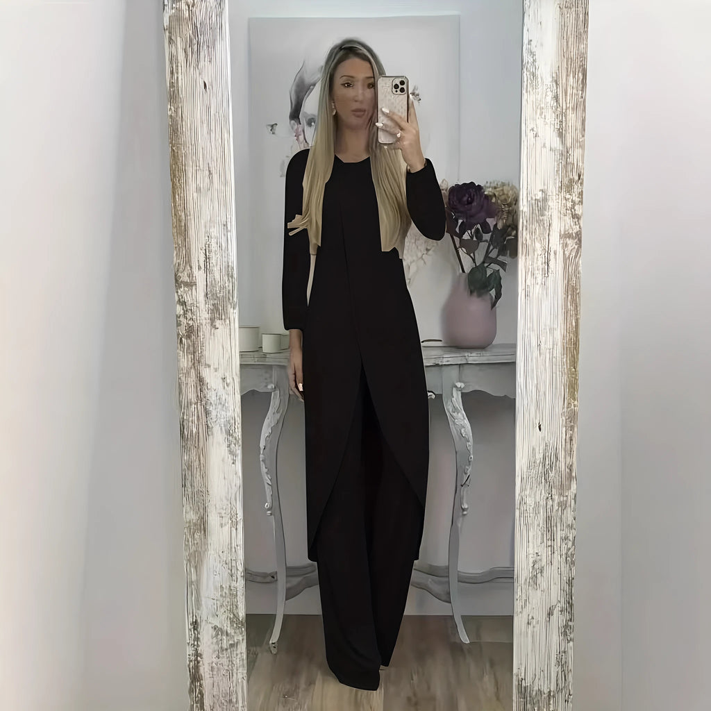 A loose-fitting long sleeve two-piece lounge set in polyester, shown in black, blue, and khaki colour options.