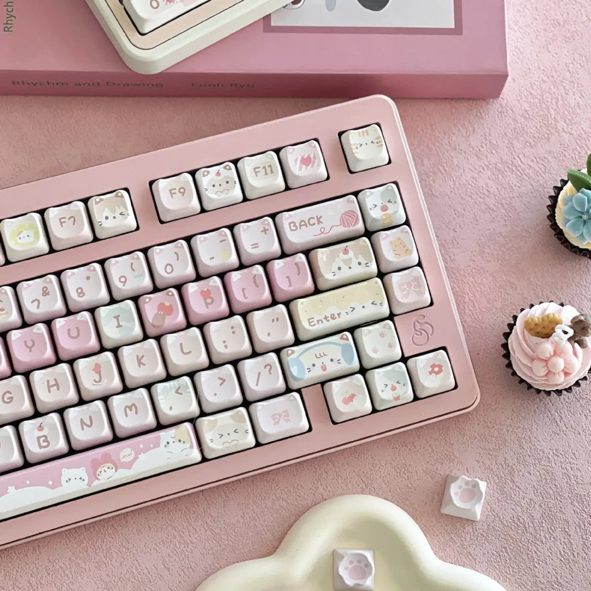 Meow Meow Team tall five-sided dye-sublimation 141-piece mechanical keyboard keycap set laid out.