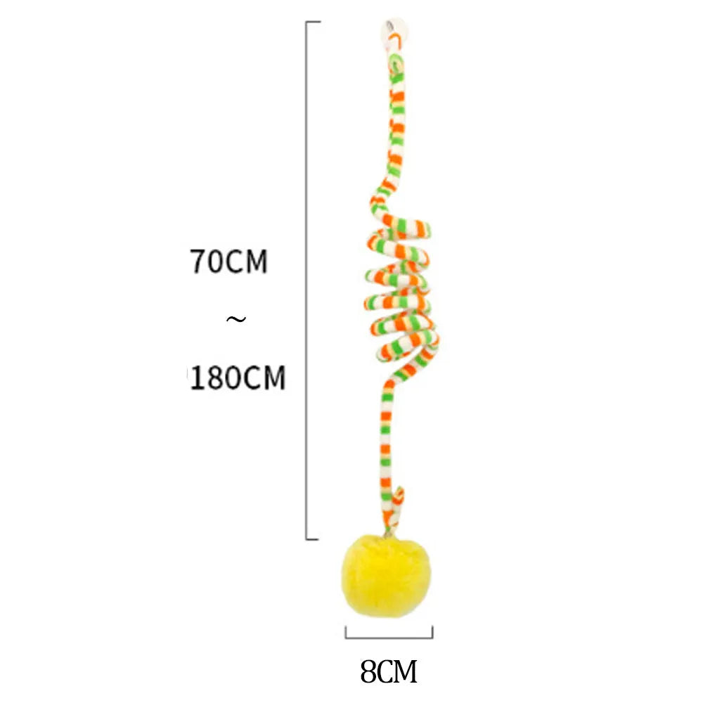Hanging cat toy with bell stick and inflatable ball attached to door with suction cup