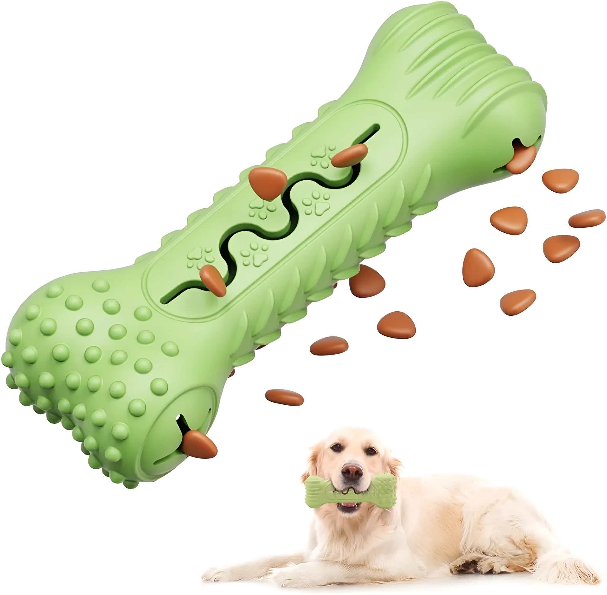 Natural rubber bone-shaped dog chew toy in blue, green, and orange colours