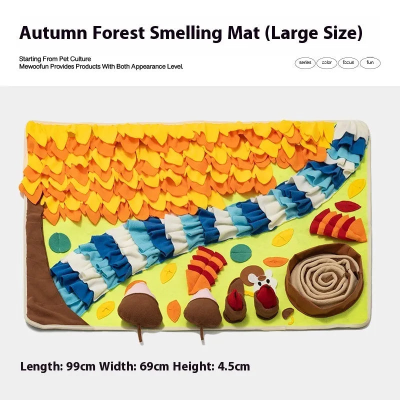 Fabric dog sniffing mat with themed pattern for hiding treats and kibble
