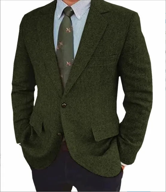 Men's brown herringbone business casual jacket with long sleeves and retro styling
