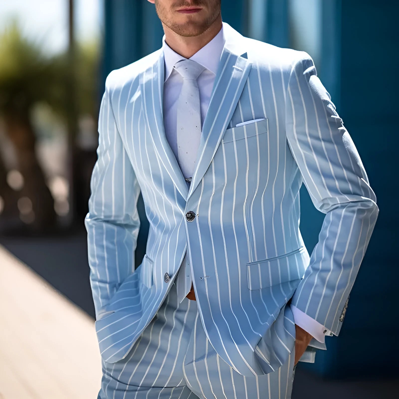 Men's blue white button British style suit jacket with straight hem design