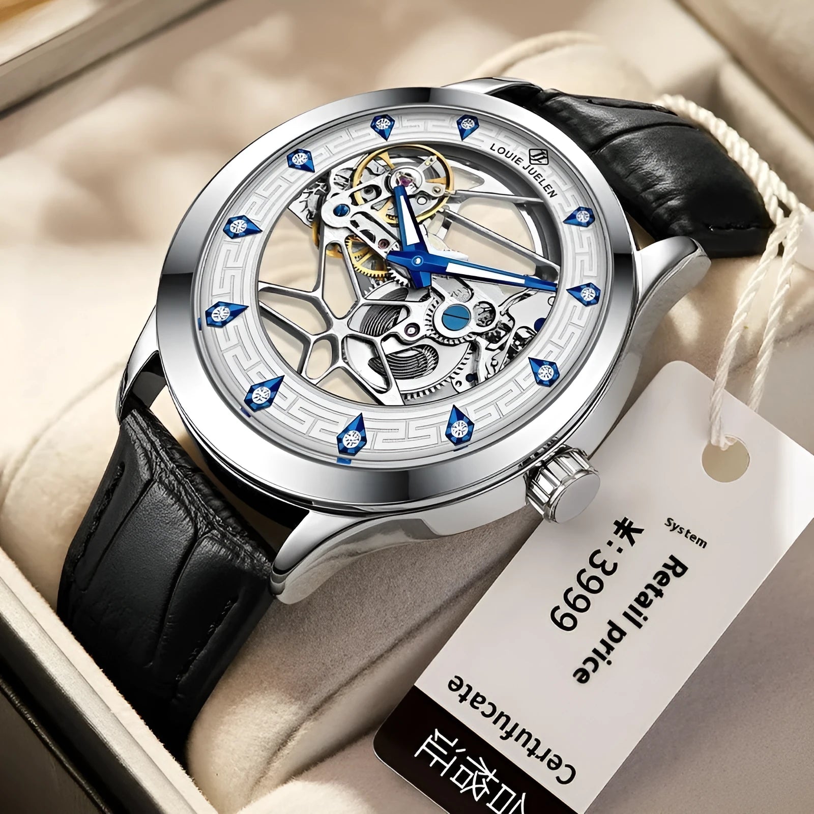 Men's silver stainless steel mechanical watch with luminous hands, black leather strap and waterproof design
