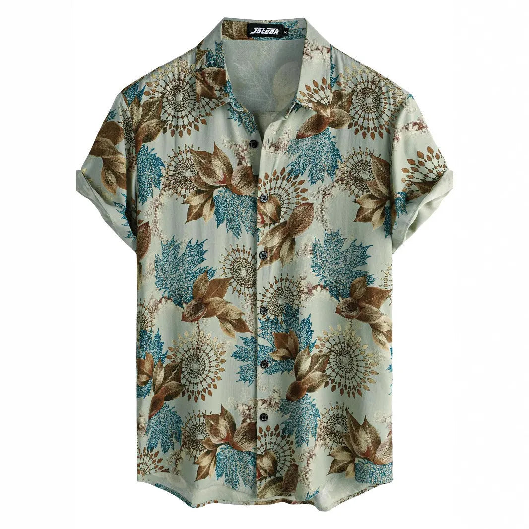 Hawaiian print short sleeve shirt with lapel collar showing floral digital printing on elastic polyester fabric