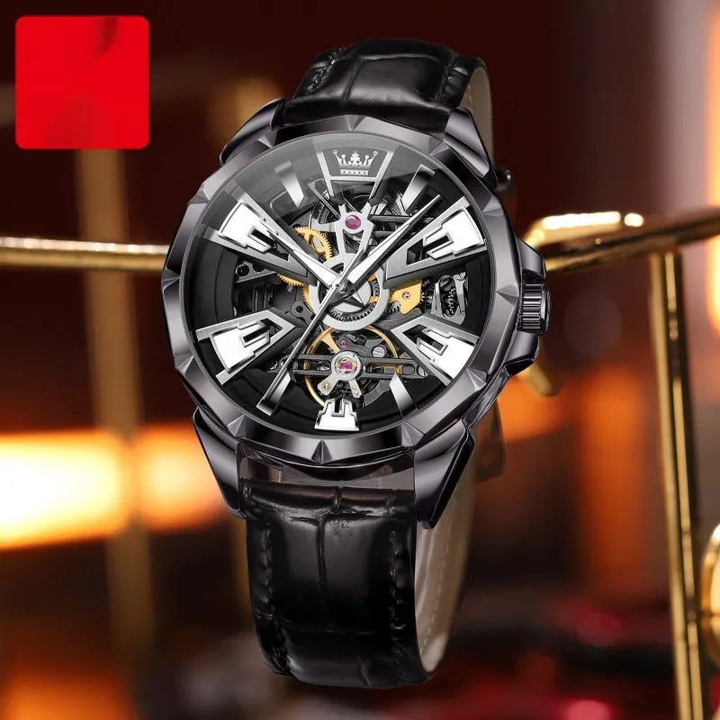 Men's automatic mechanical watch with hollow design, waterproof feature, 44mm barrel-shaped stainless steel case