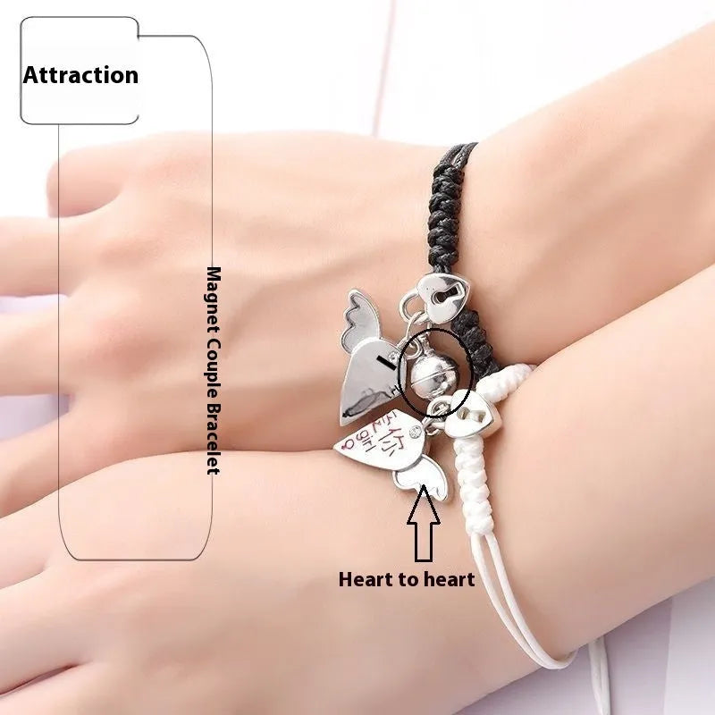 Magnetic couple bracelets with crown and diamond designs in alloy electroplated construction