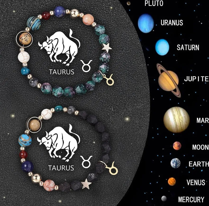 Complete set of twelve zodiac sign bracelets with natural stone beads and adjustable closures