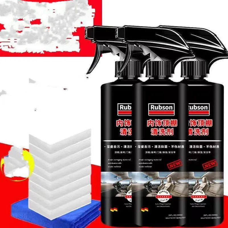 Fabric roof foam cleaner bottles with towel and sponge wipes for interior ceiling cleaning