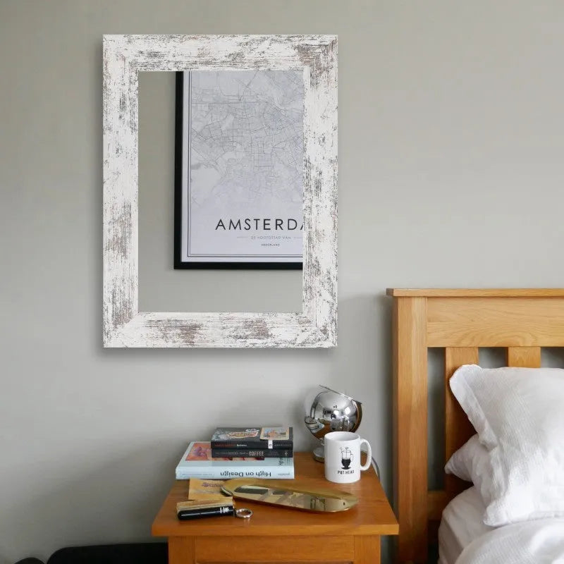Wall-mounted bathroom dressing mirror with retro Chinese style MDF frame in small old white colour