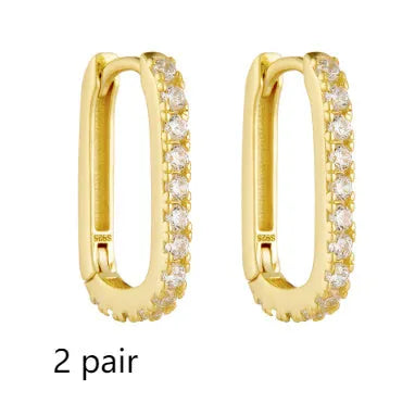 S925 sterling silver oval zircon ear clips with geometric quadrilateral design