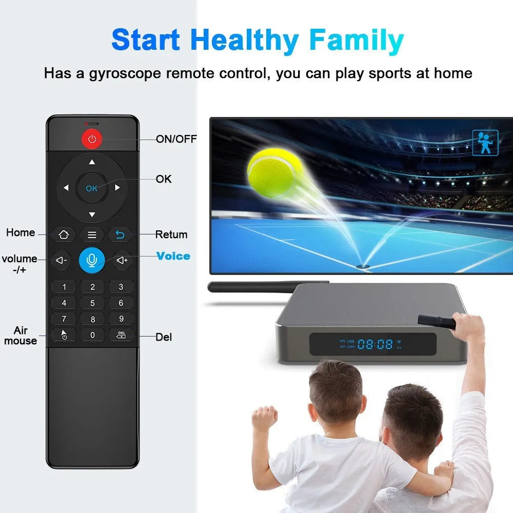 Android TV streaming box for 8K video with remote control and HDMI cable