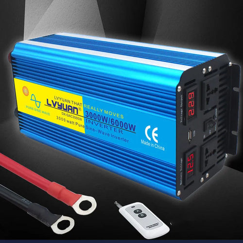 Blue 3000W pure sine wave power inverter with digital display and UK socket, remote control included.