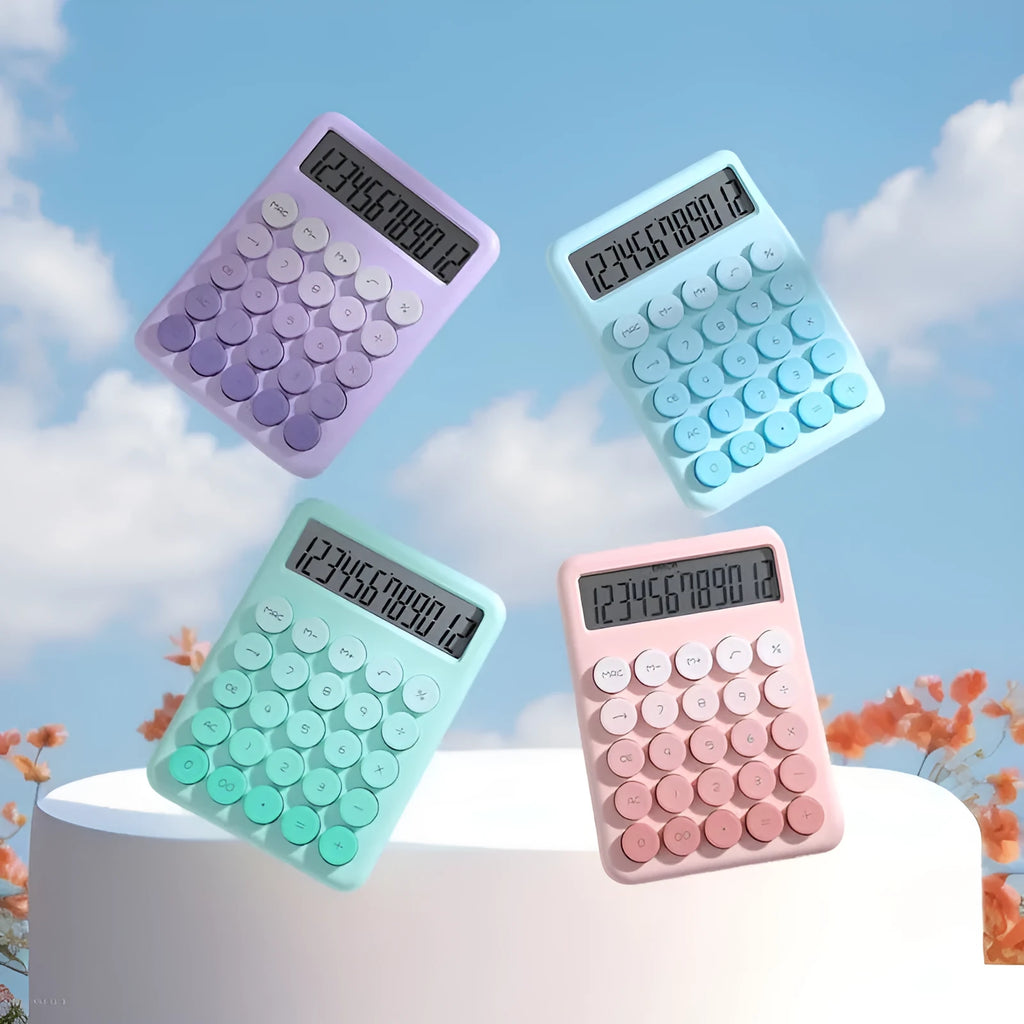 ABS desktop calculator with gradient colour finish in cherry blossom powder, glacier blue, mint green, or violet options