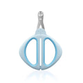Blue pet nail clipper with a round positioning hole and textured handle on a white background.