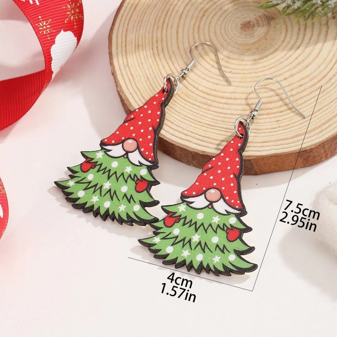 Women's wooden Christmas earrings with geometric tree and snowman shapes featuring Santa Claus elements