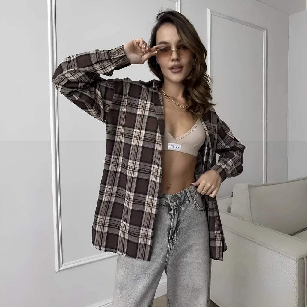 Dark brown retro striped women's shirt with long sleeves and button-up front