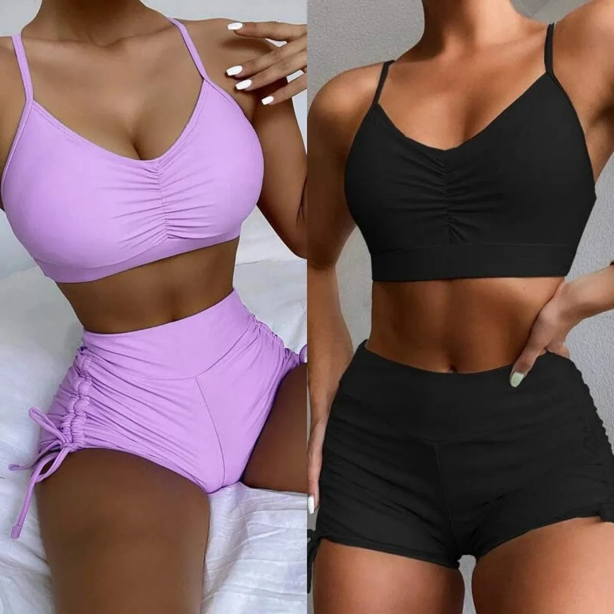 Women's purple high waist split swimsuit with bikini top and shorts