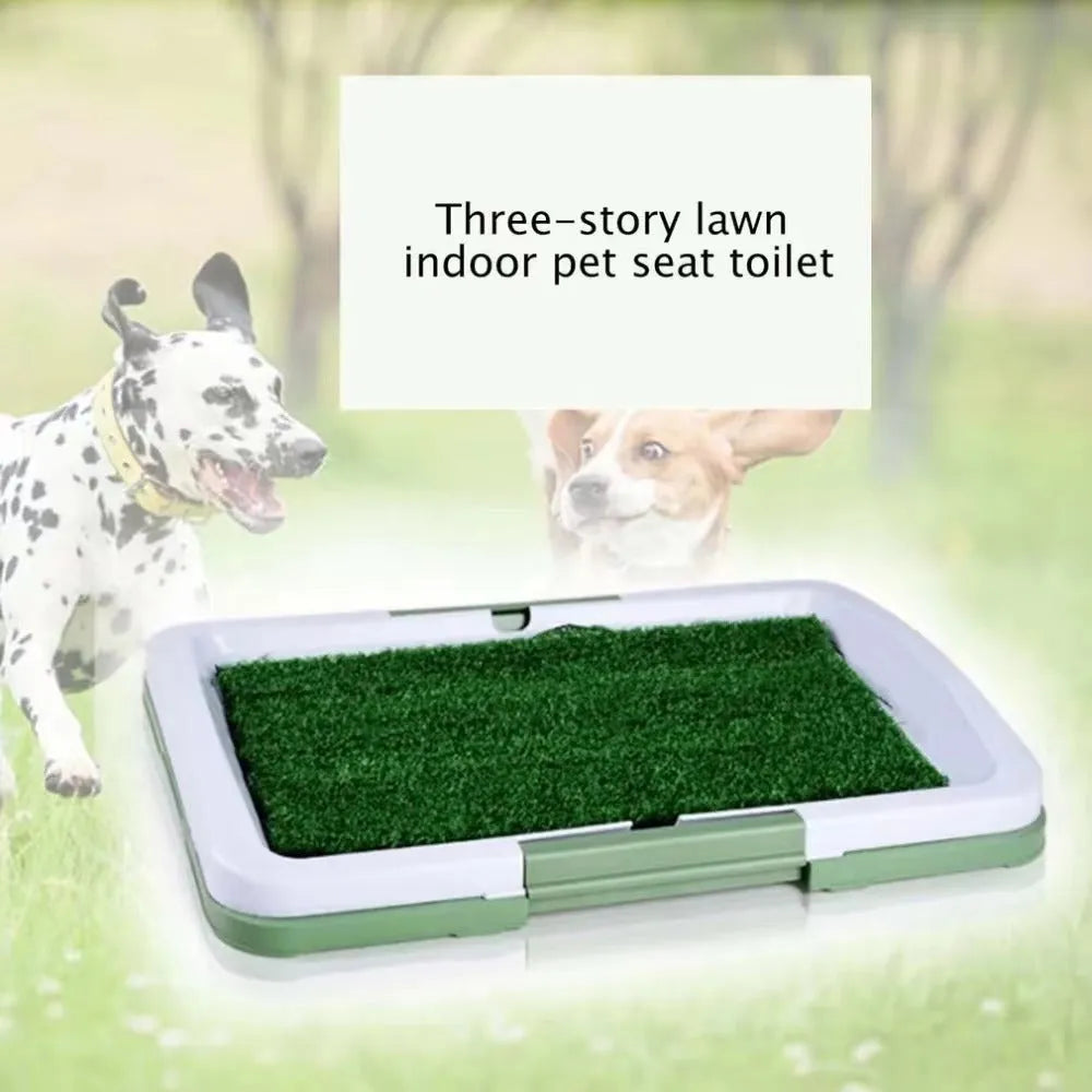 Three-layer artificial grass indoor dog toilet training tray with plastic base and removable turf