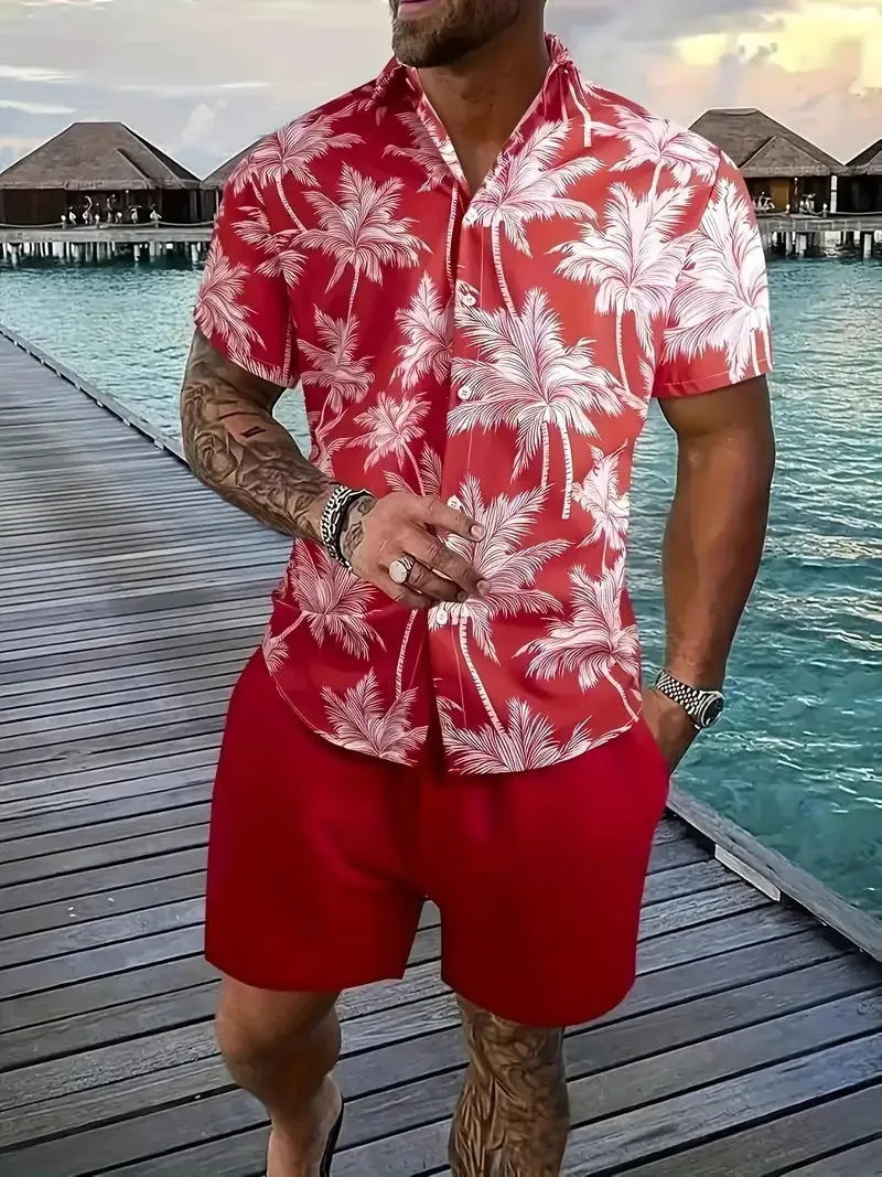 Men's 3D printed Hawaii-style short sleeve top and matching shorts casual summer suit