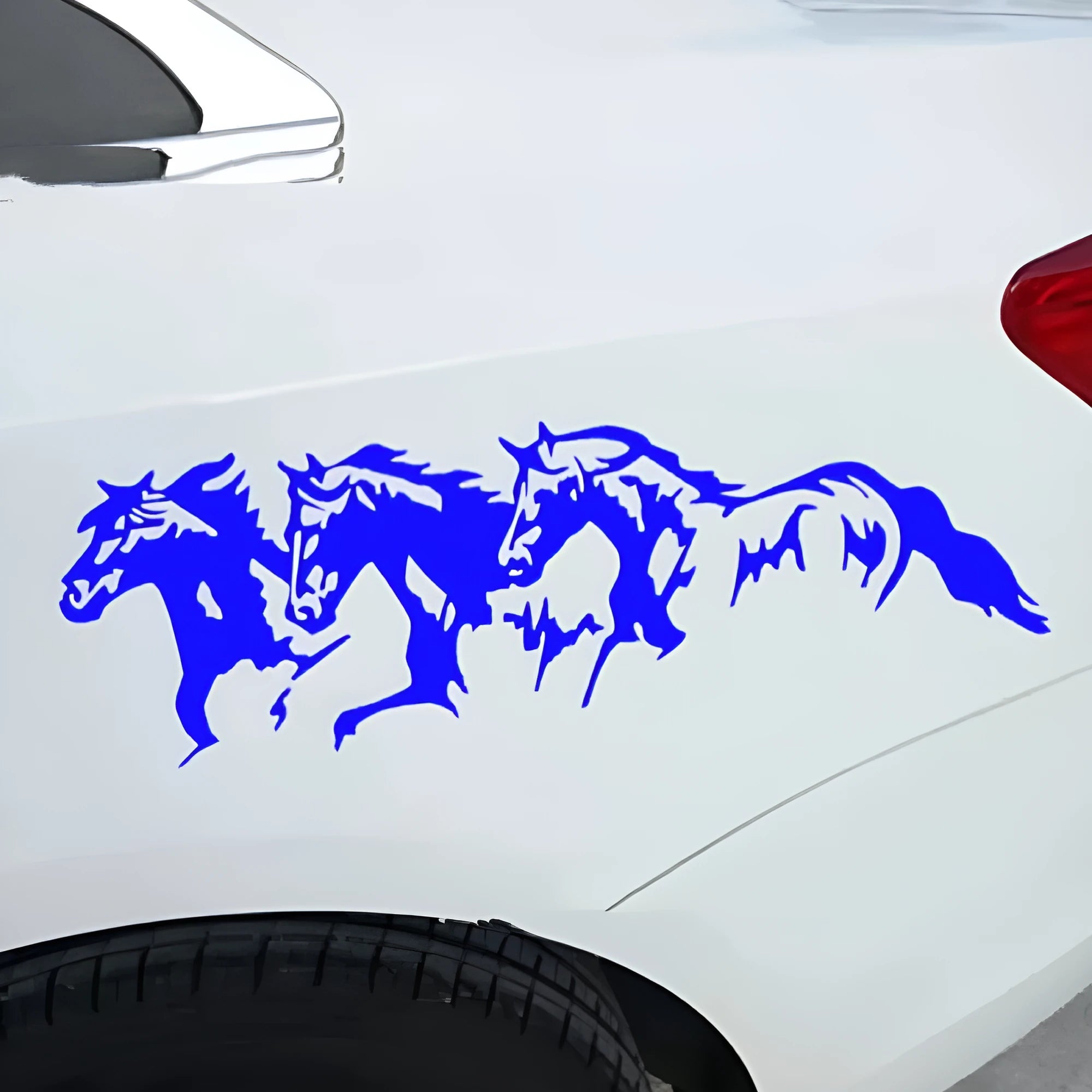 Galloping horse design car body sticker decal in black, white, red, or blue, measuring 25 by 8 centimetres.
