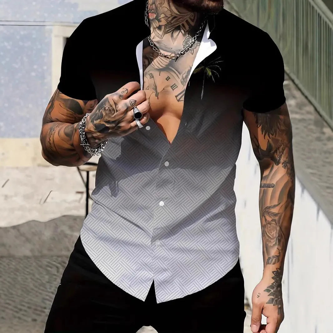 Men's geometric line print lapel short sleeve shirt in slim fit polyester