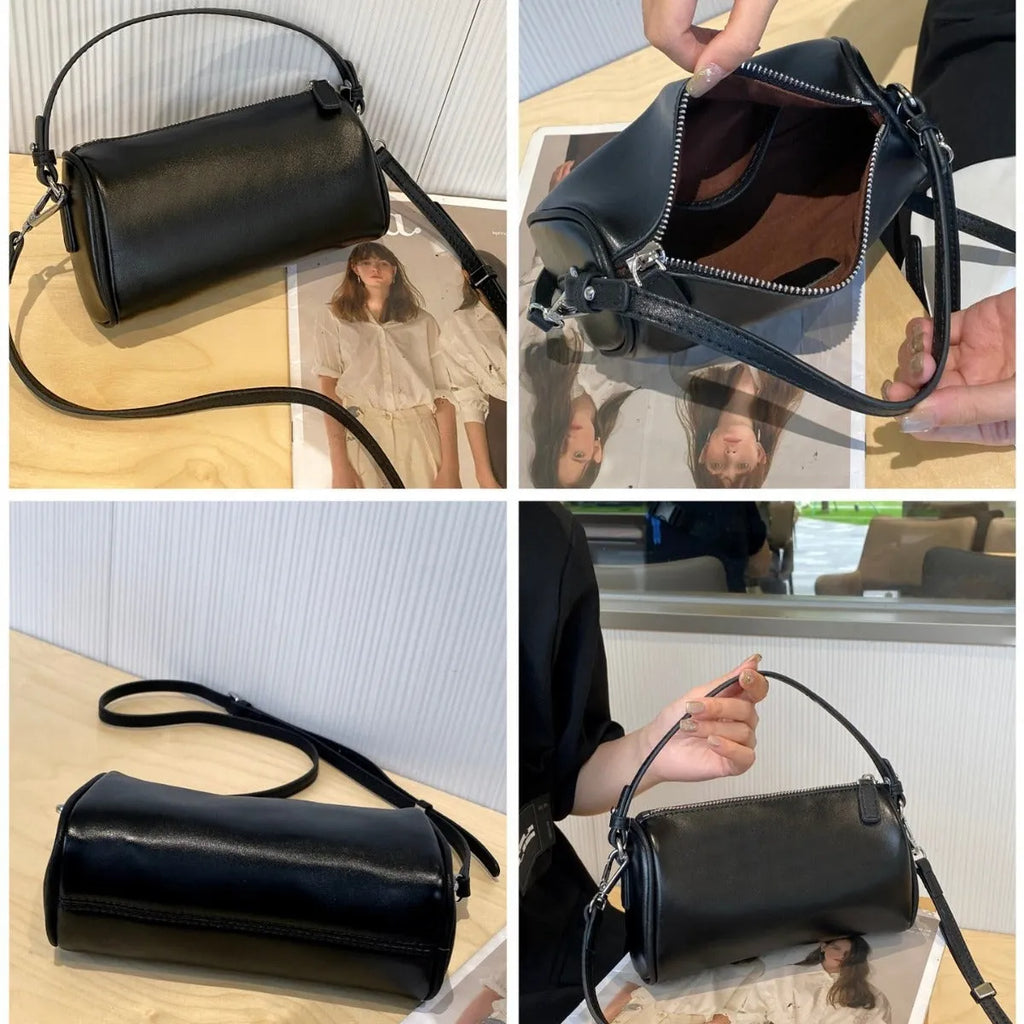 Vegetable-tanned leather crossbody phone bag with cylindrical shape and visible sewing thread detailing