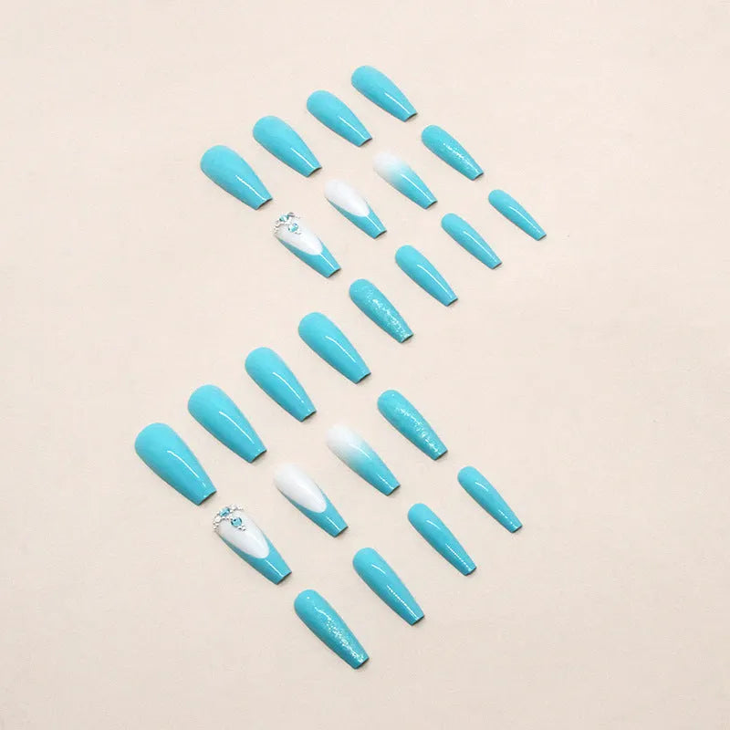 Smart blue diamond solid colour long ballet acrylic nail patches with adhesive glue