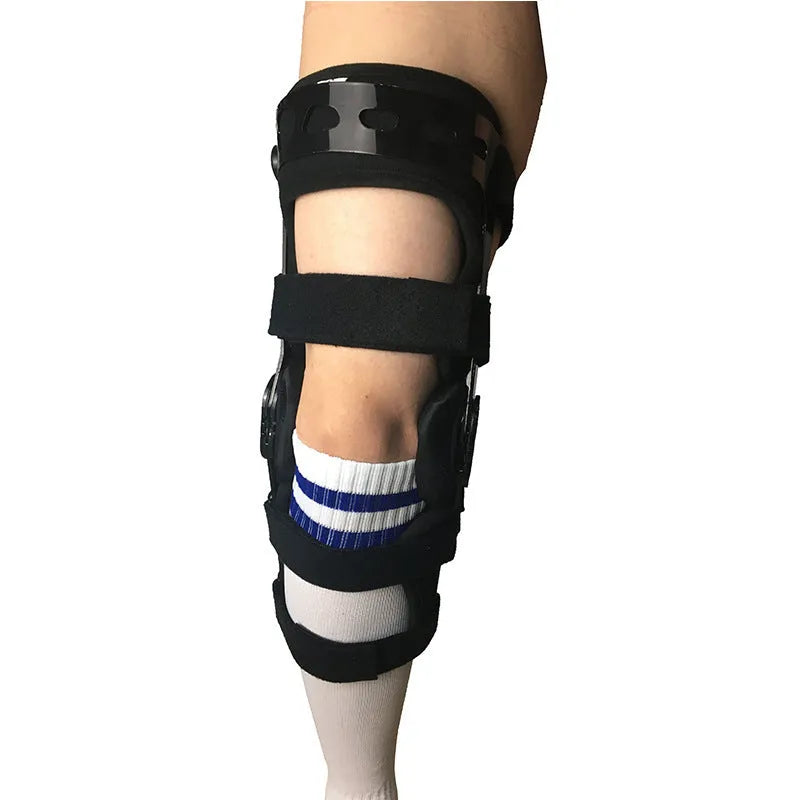 Black anterior ligament knee supporter brace showing left and right specific sizing options