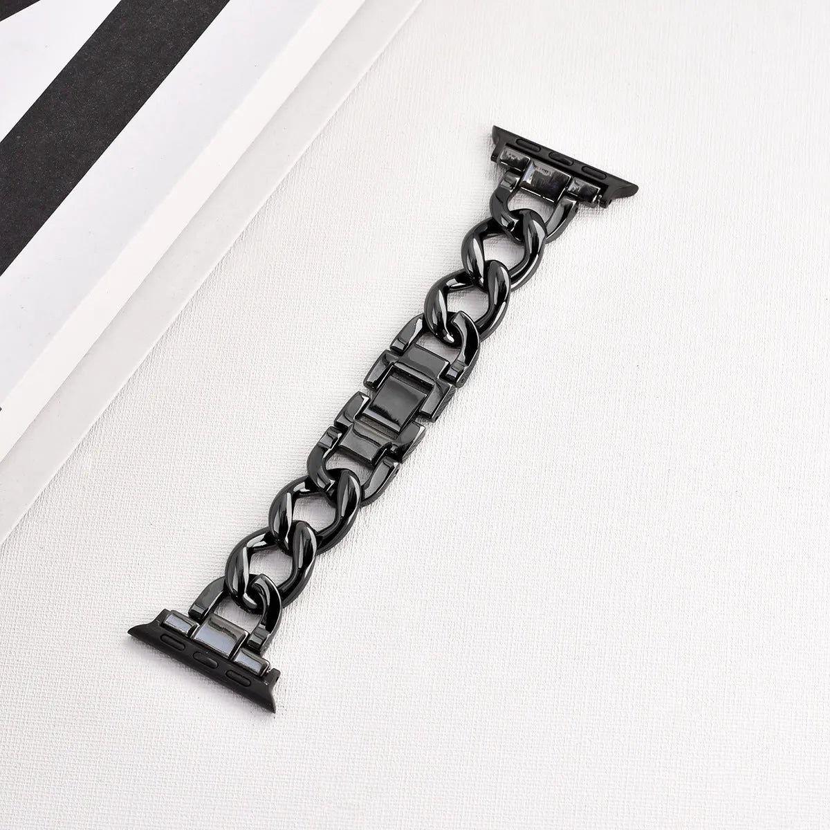 Denim-style cuff metal chain link Apple Watch replacement strap in silver, black, gold, rose gold, starlight.