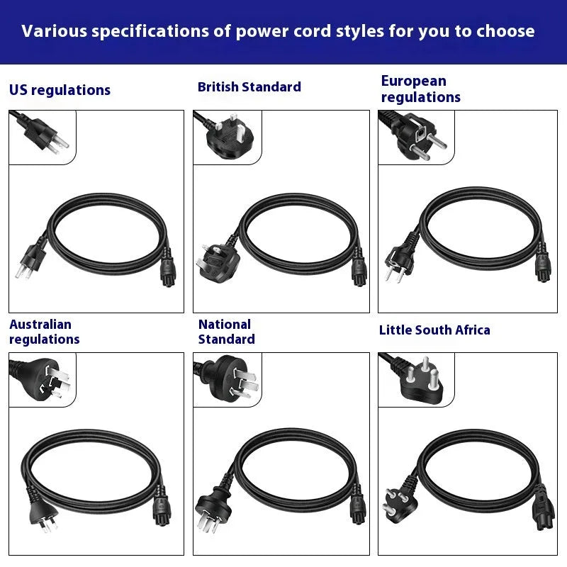 Black 65W Type-C laptop power adapter with multiple international power cords for UK US EU AU and ZA plugs.