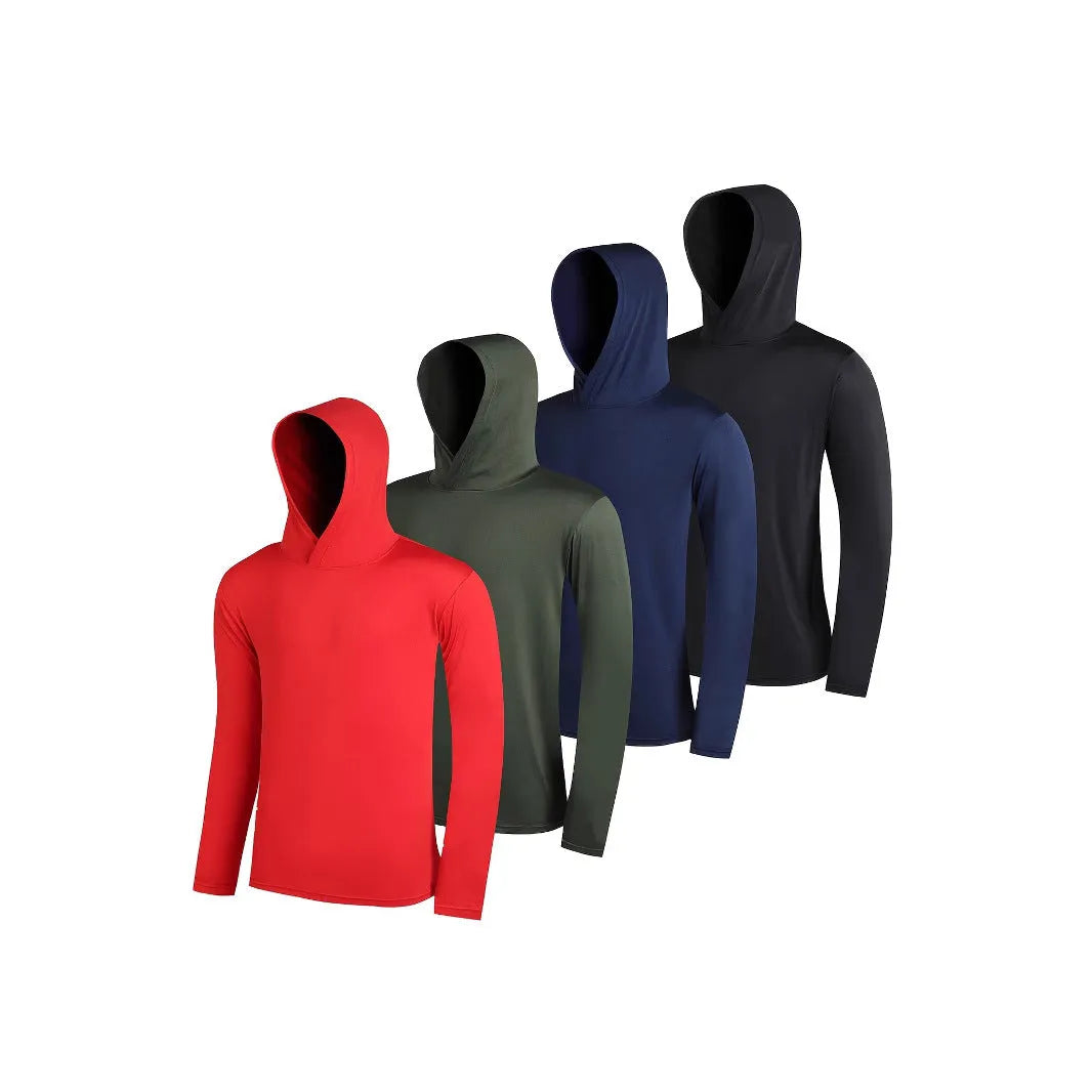 Pack of four men's lightweight hoodies in elastic polyester fibre, shown in various colours.