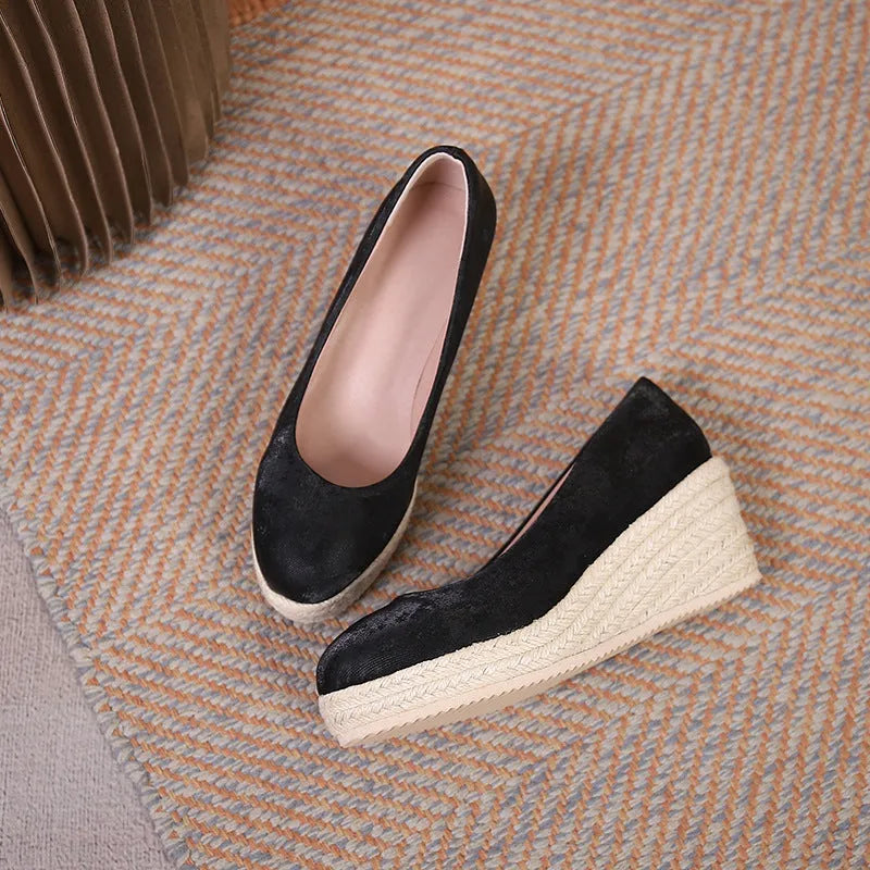 Women's wedge heel pumps in apricot with rope bottom detail and thick sole