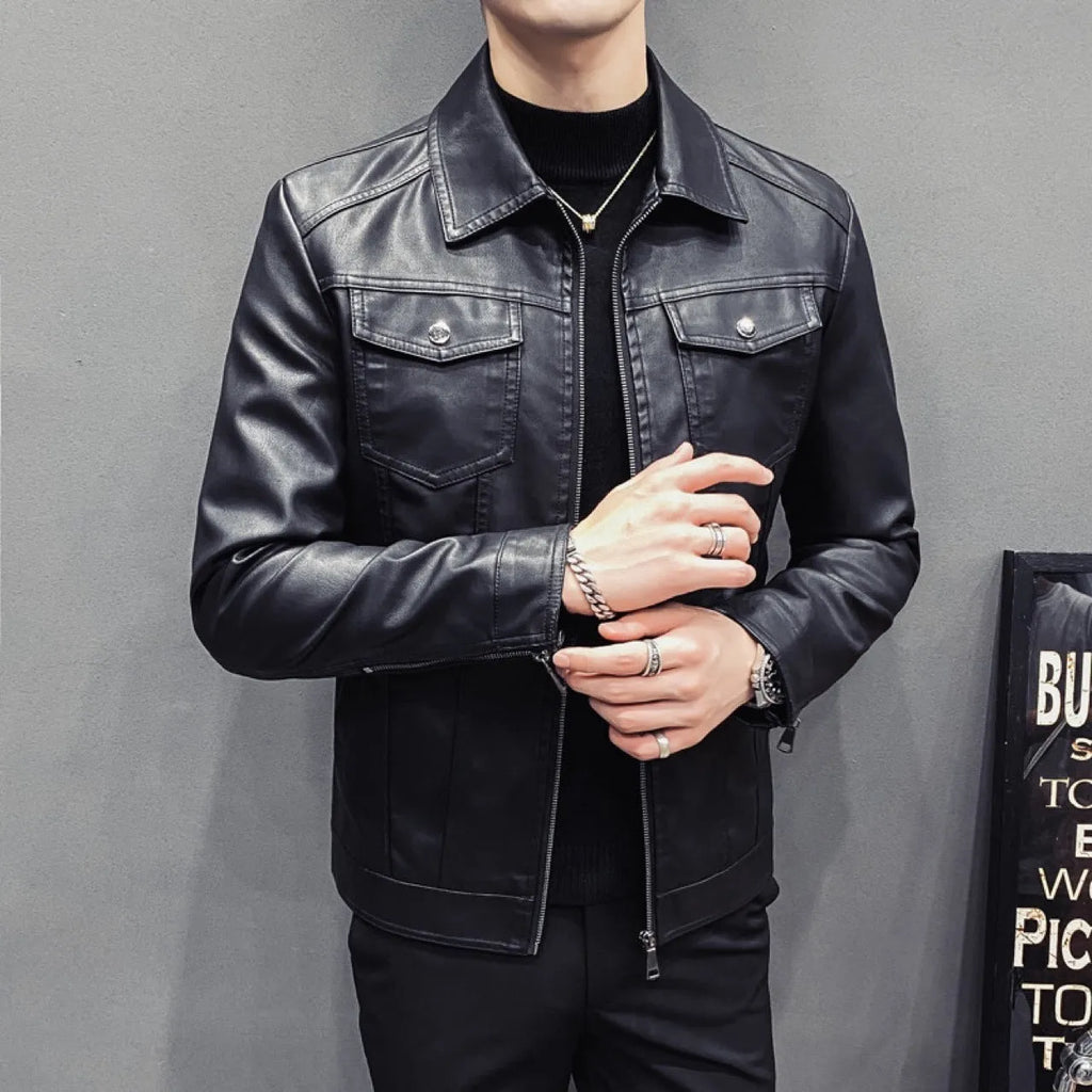 Men's quilted PU leather jacket with short length, side pockets, on a hanger