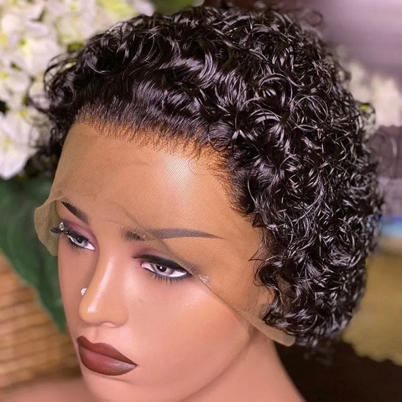Black human hair pixie wig with lace cover in 13x1 colour