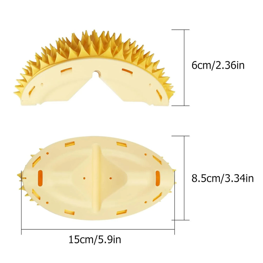 Yellow durian-shaped cat corner scratcher with massage comb for wall mounting