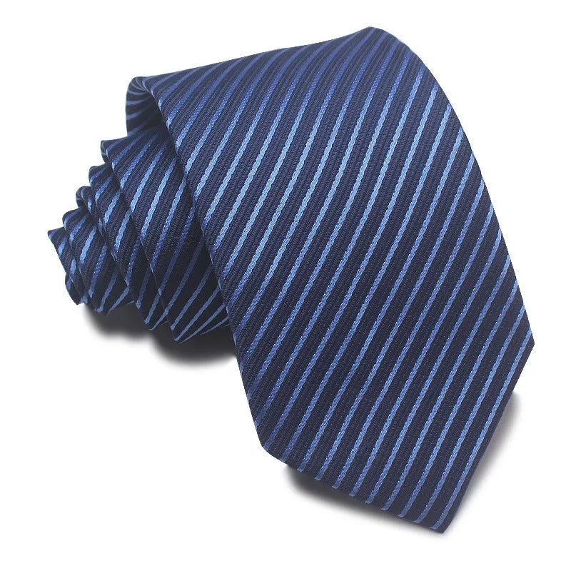 Men's red and black striped polyester jacquard tie with an arrow shape laid flat