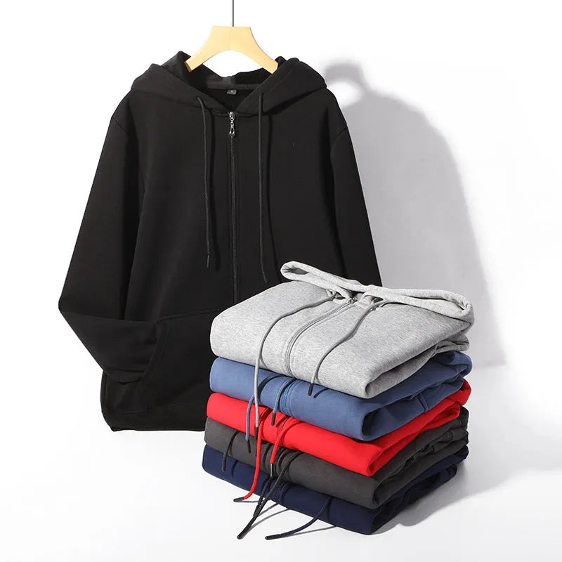 Men's heavyweight beige zip-up hooded cardigan with top-stitch pockets on a mannequin, plus size fit.