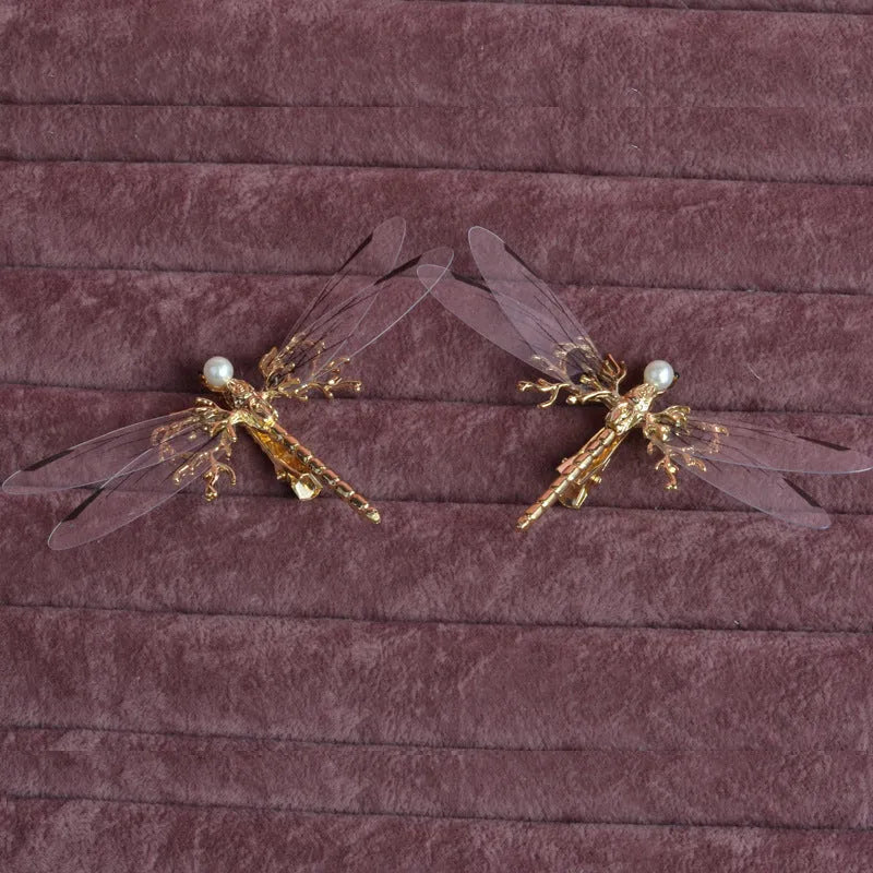 Golden dragonfly side clip headdress for women with alloy metal construction