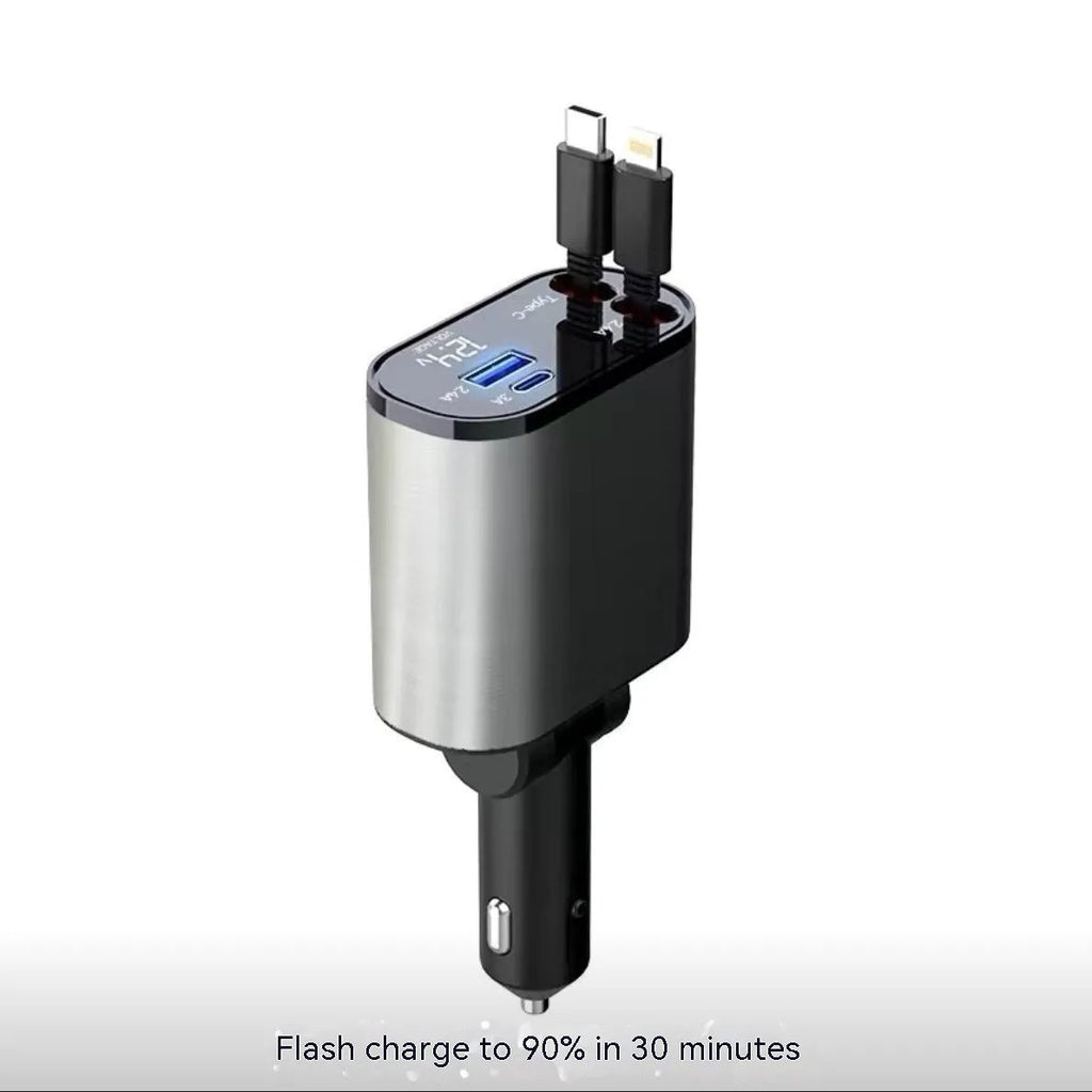 Automatic retractable car charger with four USB ports for fast charging in vehicle