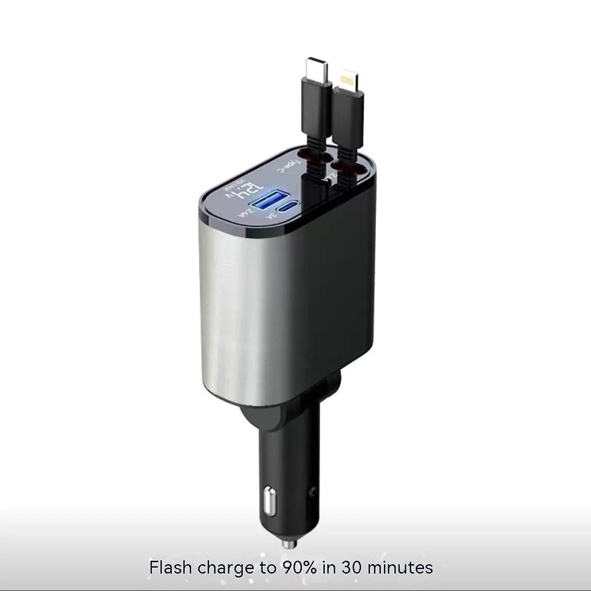 Automatic retractable car charger with four USB ports for fast charging in vehicle